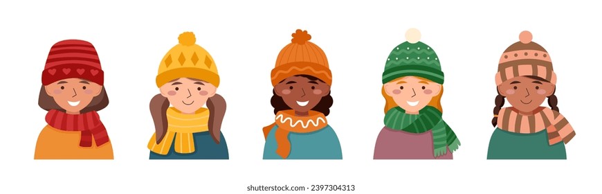Set of girls in warm hats isolated on a white background.