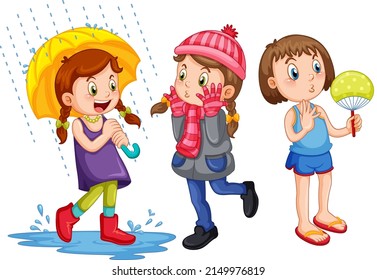 Set of girls wearing clothes different season styles illustration