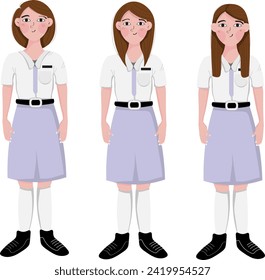 Set of girls wearing Indonesian student school uniform. Indonesia elementary, high school uniform vector set. Flat vector character design.