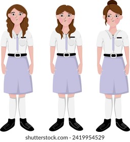 Set of girls wearing Indonesian student school uniform. Indonesia elementary, high school uniform vector set. Flat vector character design.