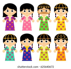 set of girls are wearing an old traditional colorful dresses in some Arab gulf countries that used to celebrate traditional occasions