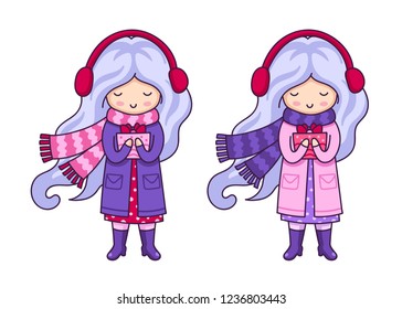 Set of girls, wearing winter coats, hats with ears and scarves. Cute little cartoon characters for print, poster, card, postcard, invitation. Vector illustration.