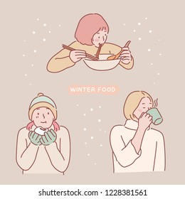 Un grupo de chicas que comen comida caliente de invierno. ilustraciones de diseño vectorial de estilo dibujado a mano.