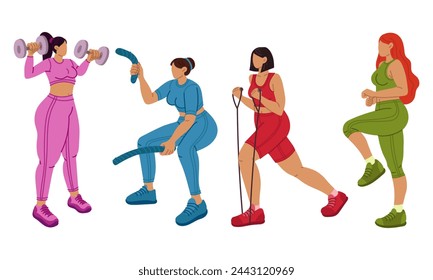 Set of girls who are full of sports with sports equipment. Girl is engaged in sports. Dynamic exercises. She does fitness in a tight-fitting tracksuit. Sports with exercise equipment. Women's training