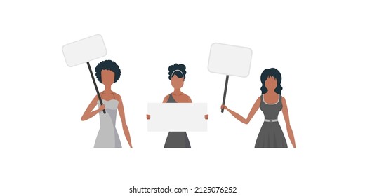 A set of girls who are protesting. Empty transport in the hands. Cartoon style. Vector illustration.