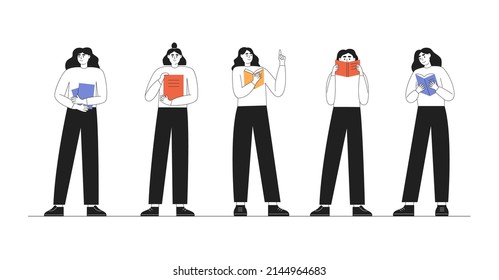 Set of girls who read books while standing. Young women. Flat outline vector illustration isolated on white background