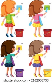 Set of girls wiping and cleaning illustration