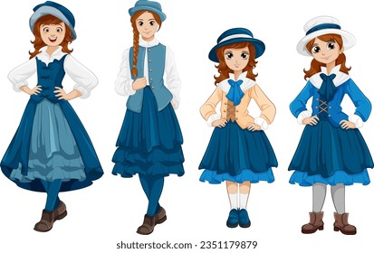 Un conjunto de niñas y mujeres vestidas de azul en diferentes épocas tradicionales