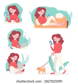 Set with girls working on a laptop and with a phone. The girl is at home and walks with her dog and phone. Flat design. For online training, website and advertising. Colorful vector illustration.