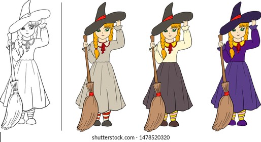 Set of girl-witches with hat and broom - coloring variant and colofrul