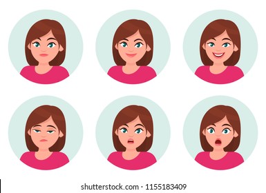 Set of girl/woman facial emotions. Different female emotions set. Woman emoji character with different expressions.