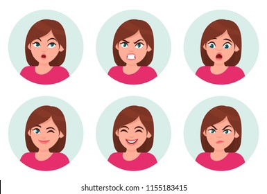 Set of girl/woman facial emotions. Different female emotions set. Woman emoji character with different expressions.