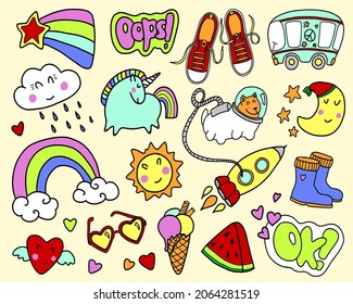 Set of girly graffiti doodles for decoration, stickers or embroidery. Cartoon patch badges or fashion pin badges. Vector illustrations