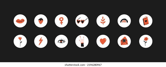 Set of girly highlights, stickers, round covers, icons for social media. Girl power concept. Cartoon feminine elements. Vector graphics. 