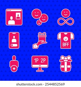 Set Give gift, Computer monitor screen, Gift box, BFF best friends forever, Add, Incoming call mobile, Friends and Video chat conference icon. Vector