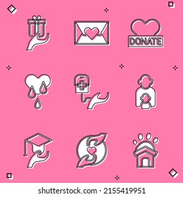 Dé un regalo, sobre con corazón, donación y caridad, donación de sangre, cuidado de niños, subsidio de educación e icono de relaciones agradables. Vector