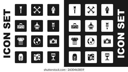 Set Gives lecture, Ancient amphorae, Hanging sign with Open, Paint brush, Torch flame, Crossed human bones, Photo camera and column icon. Vector