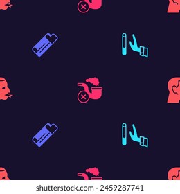 Set Giving up cigarette, Lighter, Smoking pipe with smoke and Man coughing on seamless pattern. Vector