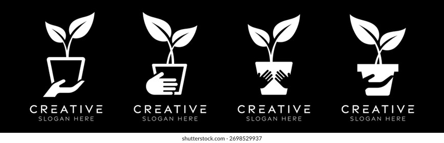 Conjunto de Plantillas de diseño de logotipo de plantas dadoras. Cuidado de manos aislado moderno con diseño de plantas para el cuidado ecológico, cuidado y naturaleza.