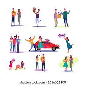 Set of giving presents unexpectedly. Flat vector illustrations of people presenting gifts for relatives and friends. Giving presents concept for banner, website design or landing web page