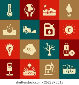 Set Glacier melting, Battery, Sun, Earthquake, Car exhaust, Iceberg, Meteorology thermometer and Canister for gasoline icon. Vector
