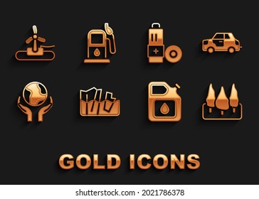 Set Glacier melting, Car, Forest, Canister for gasoline, Hands holding Earth globe, Battery, Wind turbine and Petrol station icon. Vector