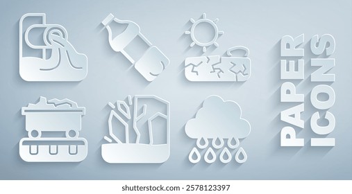 Set Glacier melting, Drought, Coal train wagon, Cloud with, Bottle of water and Wastewater icon. Vector