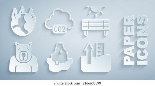 Set Glacier melting, Solar energy panel, Polar bear head, Rise water level, CO2 emissions cloud and Global warming fire icon. Vector