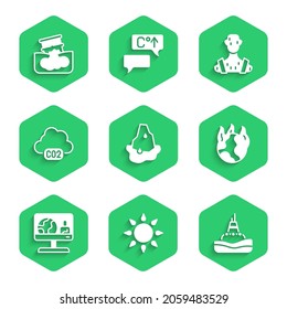 Set Glacier melting, Sun, Floating buoy on the sea, Global warming fire, Weather forecast, CO2 emissions cloud, High human body temperature and Barrel oil leak icon. Vector