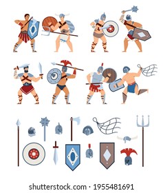 Conjunto de gladiadores guerreros y armas, ilustración de vector de dibujos animados aislados.