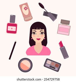 Set of glamorous female cosmetics and female model