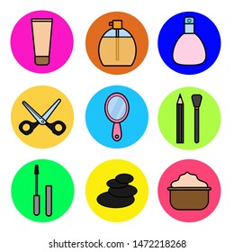 A set of glamorous icon objects in a flat style of fashion beauty and female cosmetics: foundation, cosmetic pencils, mascara, perfume, on the background of multi-colored circles. Vector illustration