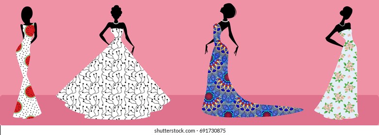 Set Of Glamorous Silhouettes Of Fashion Girls In Beautiful Dresses On Pink Background. Glamorous Lady Cocktail, Girl Party, Evening Dress.