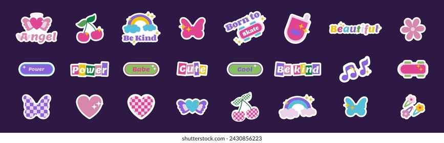 Set of glamorous trendy stickers in y2k style. 2000s design elements, butterfly, flowers, hearts, vintage icons and labels collection, nostalgia illustration. Vector