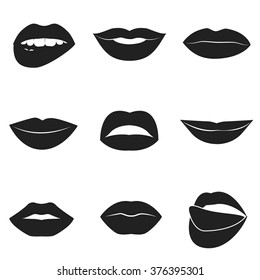 Set of glamour black lips. Beautiful female lips collection. Sexy kisses. Romantic smiles. Passion mouths. Lips with teeth and tongue. Lipstick advertisement. Romantic aspect. Vector flat style icons.