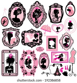 Set of glamour girl portraits  - black silhouettes. Princess accessories and furniture.