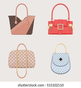 Set of glamour handbags. Female trendy accessory. Isolated objects. Vector illustration