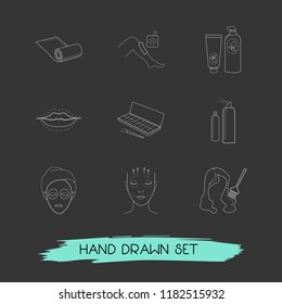 Set of glamour icons line style symbols with lips augmentation, face mask, yoga mat and other icons for your web mobile app logo design.