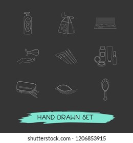 Set of glamour icons line style symbols with hand mirror, brush set, massage oil icons for your web mobile app logo design.