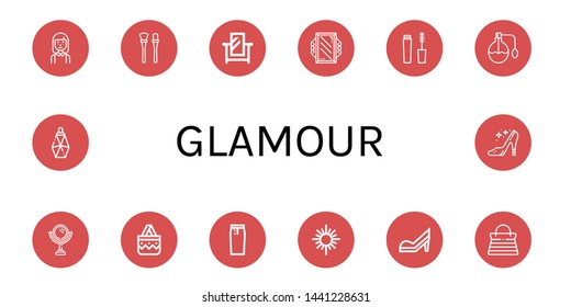 Set of glamour icons such as Bridesmaids, Makeup brushes, Mirror, Mascara, Perfume, Handbag, Pencil skirt, High heels, Parfume , glamour