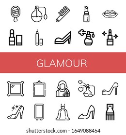 Set of glamour icons. Such as Mirror, Lipstick, Perfume, Eyeliner, Comb, High heels, Lip, Makeup artist, Wedding dress , glamour icons