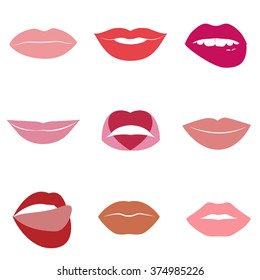 Set of glamour lips with different lipstick colors isolated on white background. Beautiful shiny female lips collection. Sexy kisses. Romantic passion mouths. Lips with teeth and tongue. Vector icon