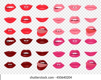 Set of glamour lips with different lipstick color. Vector illustration for fashion design. Beautiful shiny femile mouth collection isolated on white background. Women smile teeth Sexy icon sign symbol