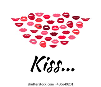 Set of glamour lips with red lipstick color. Vector illustration for fashion design. Beautiful shiny femile mouth collection isolated on white background. Women smile, teeth. Sexy icon sign symbol