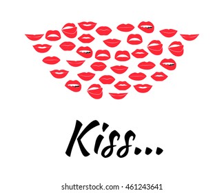 Set of glamour lips with red lipstick color. Vector illustration for fashion design. Beautiful shiny female mouth collection isolated on white background. Women smile, teeth. Sexy icon sign symbol