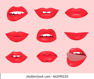 Set of glamour lips with red lipstick color. Vector illustration for fashion design. Beautiful shiny femile mouth collection isolated on skin background. Women smile, teeth. Sexy icon sign symbol