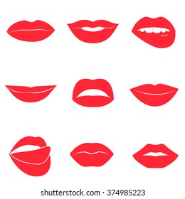 Set of glamour red lips. Beautiful female lips collection. Sexy kisses. Romantic smiles. Passion mouths. Lips with teeth and tongue. Lipstick advertisement. Romantic aspect. Vector flat style icons. 