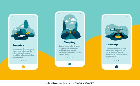 Set Of Glamping: Camping With Tent Threes And Fire Concept App Page Onboard Screen Set For Website Or Web Page, Cartoon Flat Vector Illustration