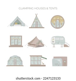 Conjunto de casas de glamour. Materiales ecológicos como la madera, el cristal para las cabañas acogedoras. Ilustración vectorial para web, merch, medios sociales.