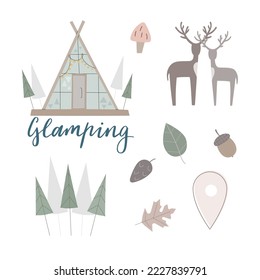 Conjunto de ilustraciones vectoriales de glamping con ciervos, pinares, hojas para el diseño creativo. Elementos para el merch, la web, los medios sociales.